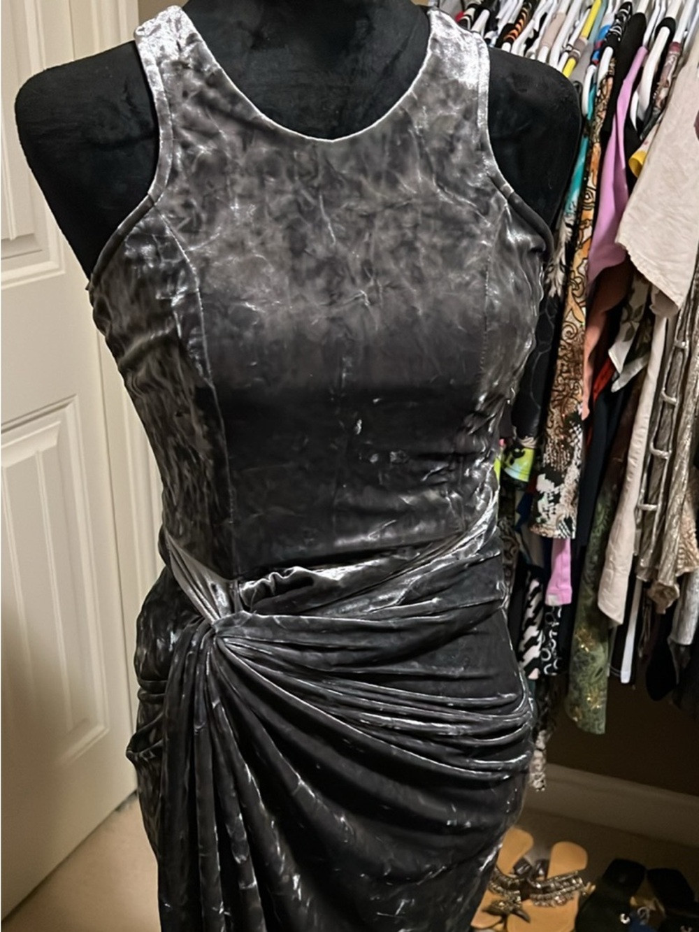 Revamped Silver Grey Velvet Ruched Midi Dress